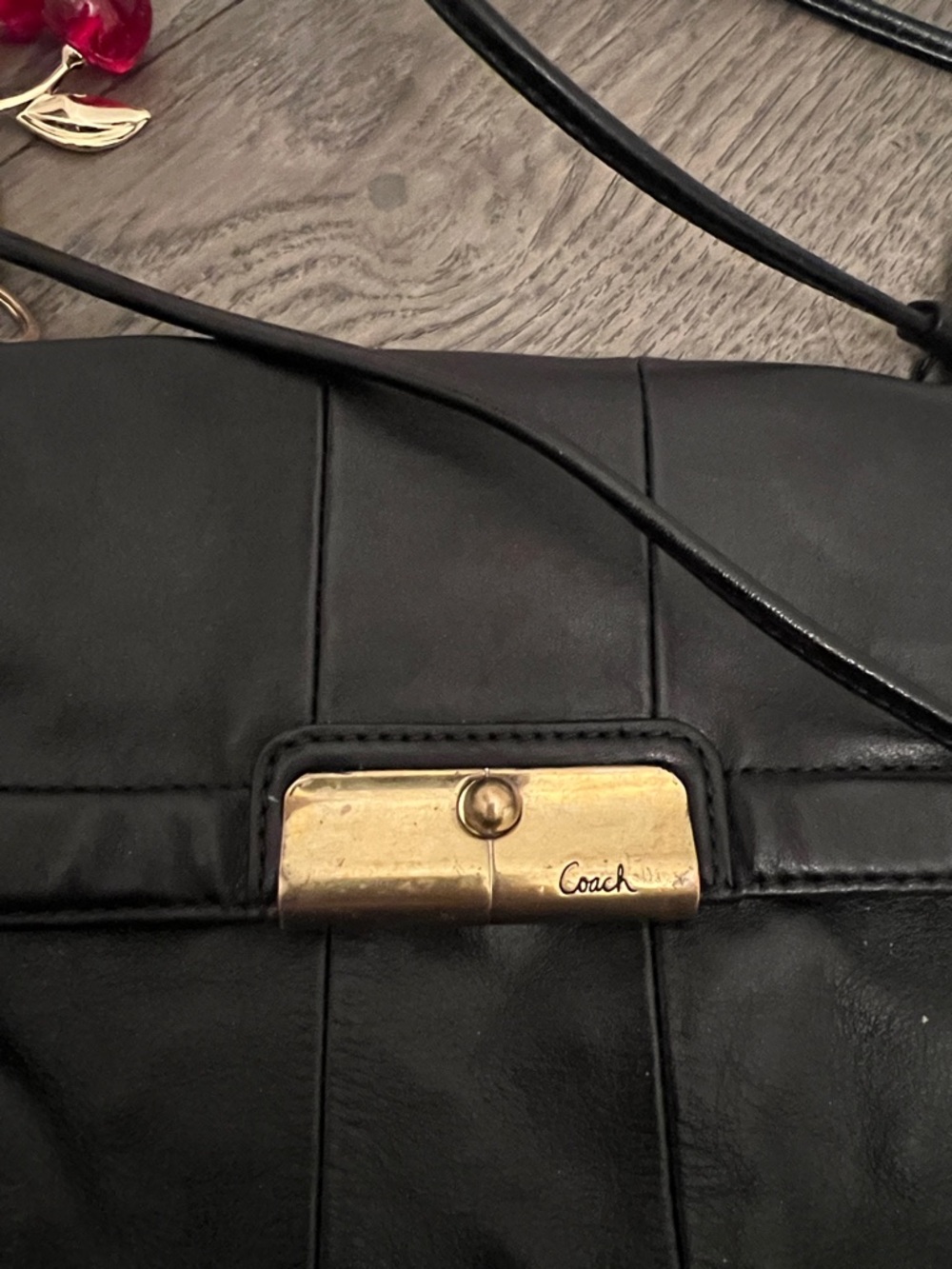 ๐ Coach Black Leather Crossbody with Red Cherry Charm - Picture 7 of 9